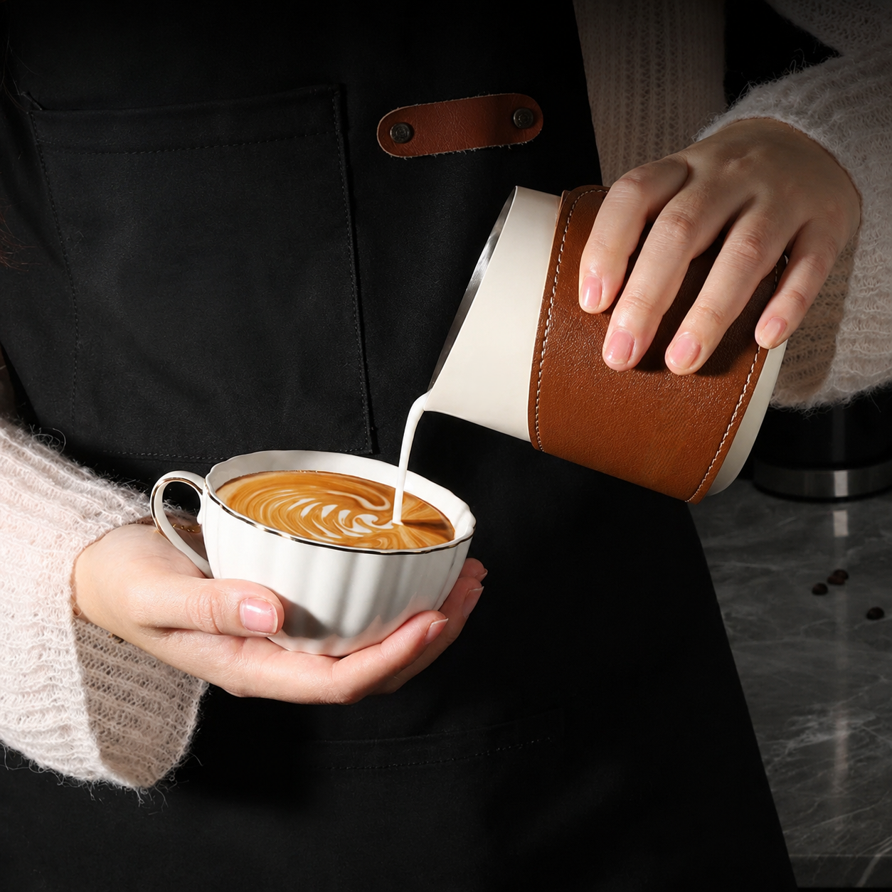 Latte Art Pitcher with Leather Heat Sleeve