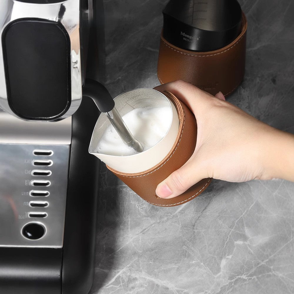 Latte Art Pitcher with Leather Heat Sleeve