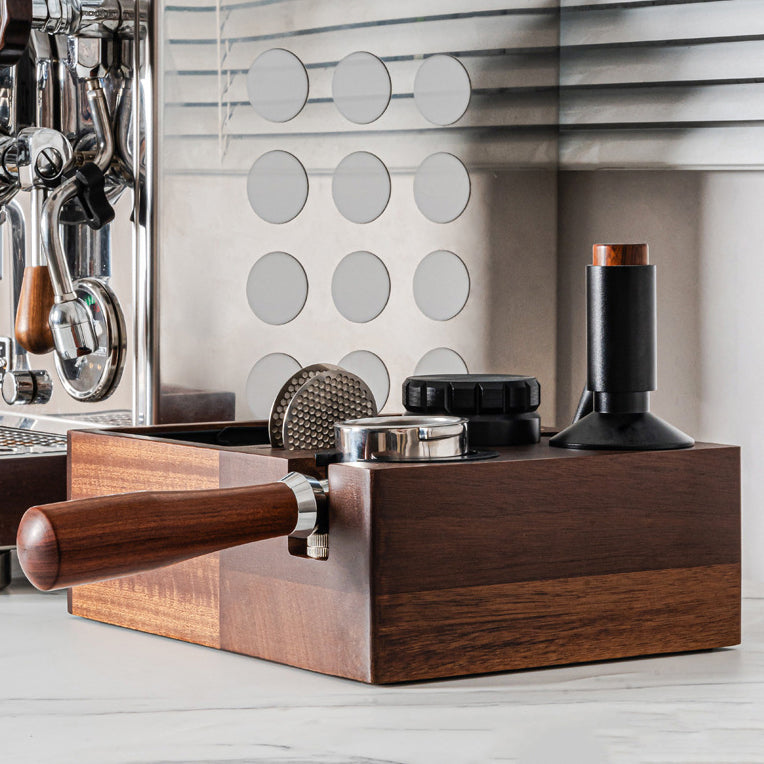 Solid Wood Coffee Tamper Station with Integrated Grounds Box - Lastaforest
