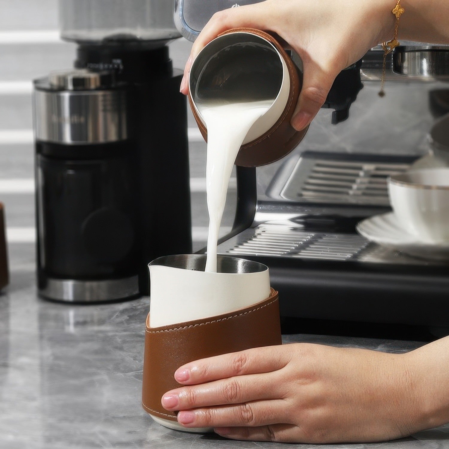 Latte Art Pitcher with Leather Heat Sleeve