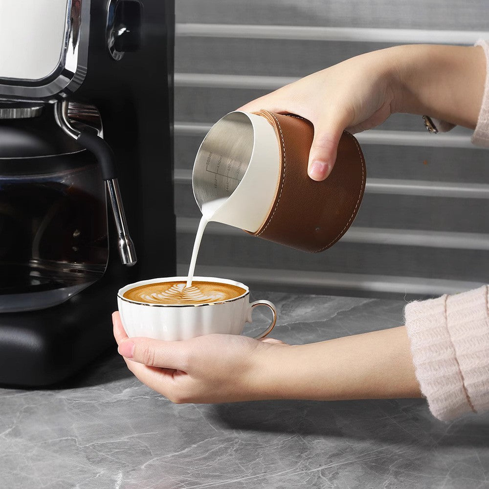 Latte Art Pitcher with Leather Heat Sleeve