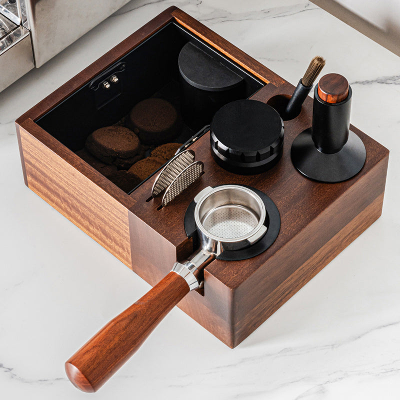 Solid Wood Coffee Tamper Station with Integrated Grounds Box - Lastaforest