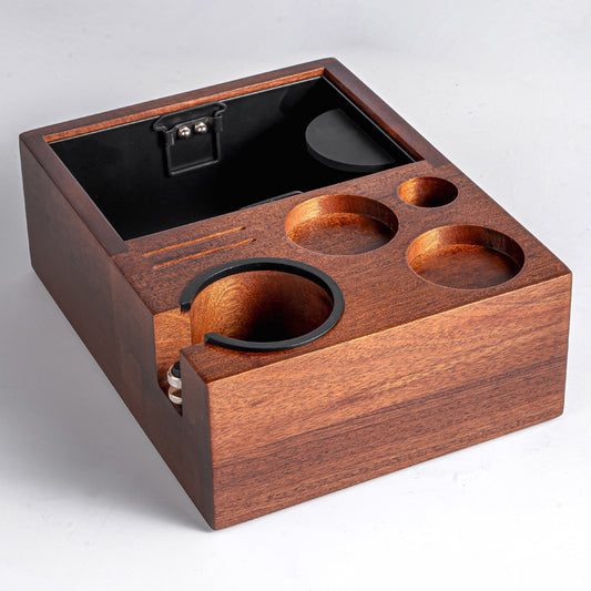 Solid Wood Coffee Tamper Station with Integrated Grounds Box