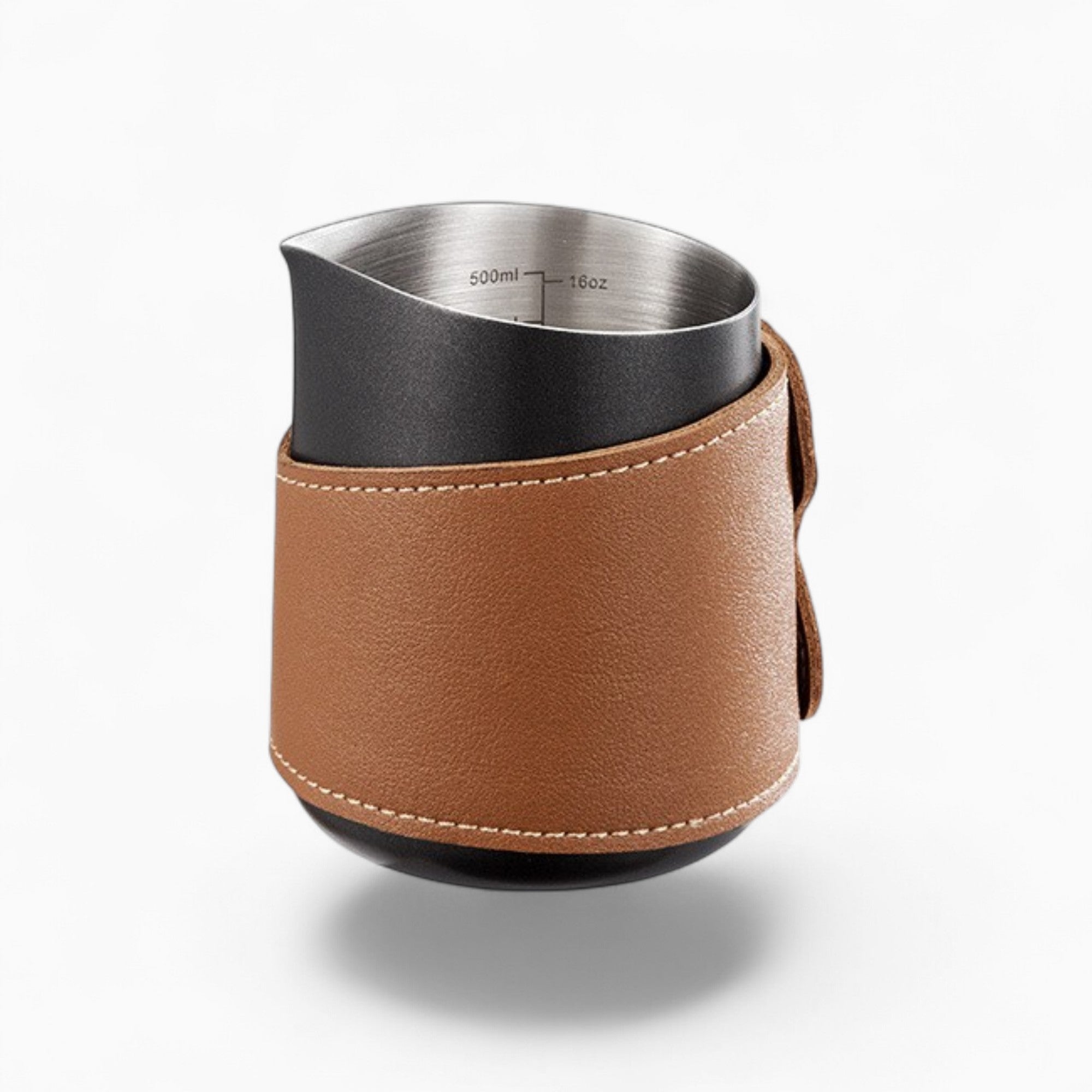 Latte Art Pitcher with Leather Heat Sleeve