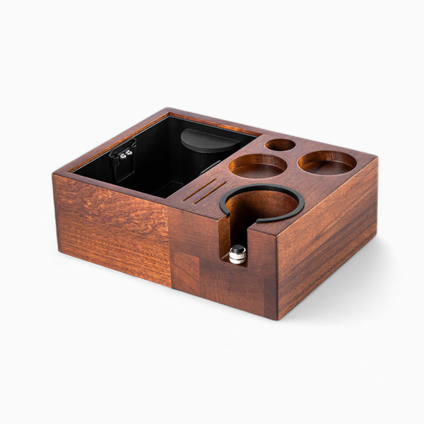 Solid Wood Coffee Tamper Station with Integrated Grounds Box